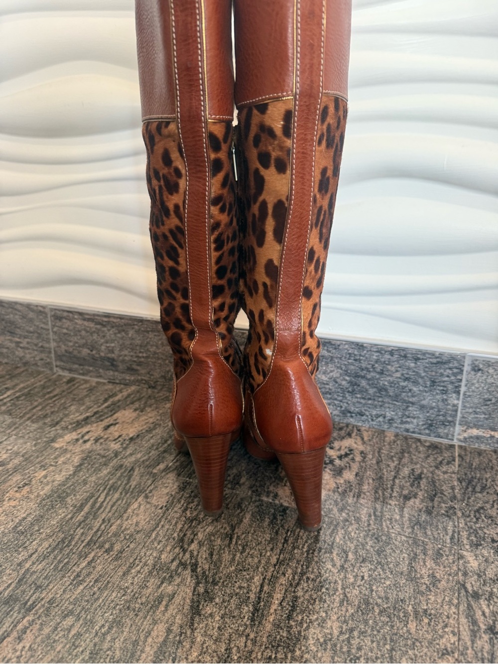 Dolce & Gabbana - Brown Leather and Leopard Knee-High Heeled Boots - Miss Exotic - Picture 4 of 11